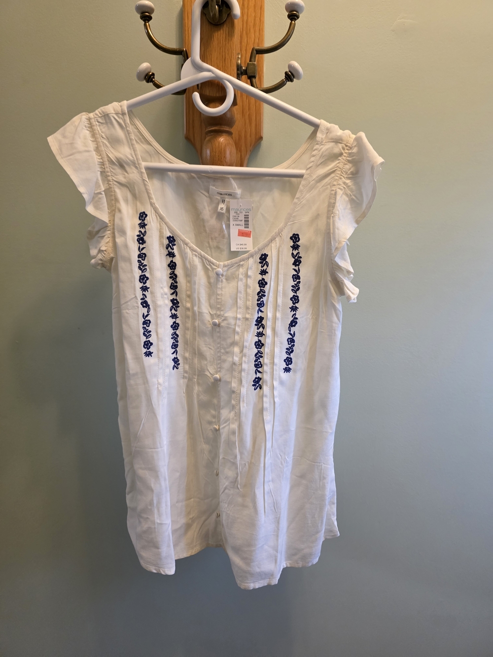 Maurices White Embroidered Flutter Sleeve Women's Top